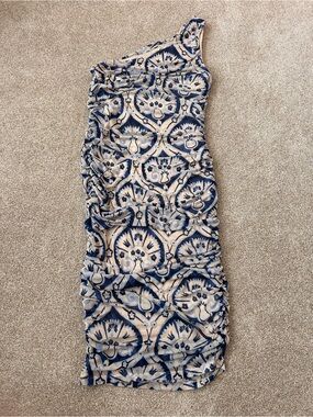 House of Harlow 1960 One Shoulder Ruched Midi Dress Blue Cream Print Size Small